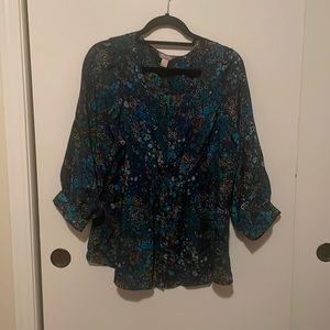 White Stag: Black with Teal Blue Floral, Button Down, W/Bubble Sleeves (XL16/18)